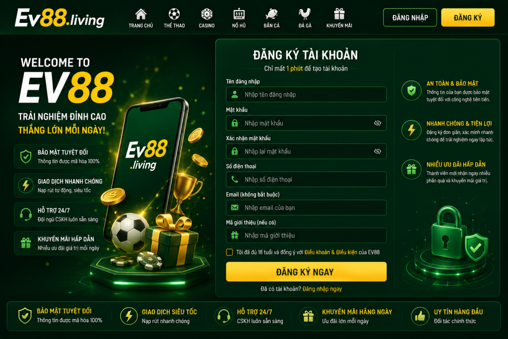 Giao diện trang đăng ký EV88 trên website chính thức