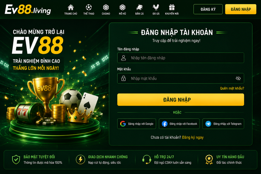 Giao diện đăng nhập EV88 trên website chính thức
