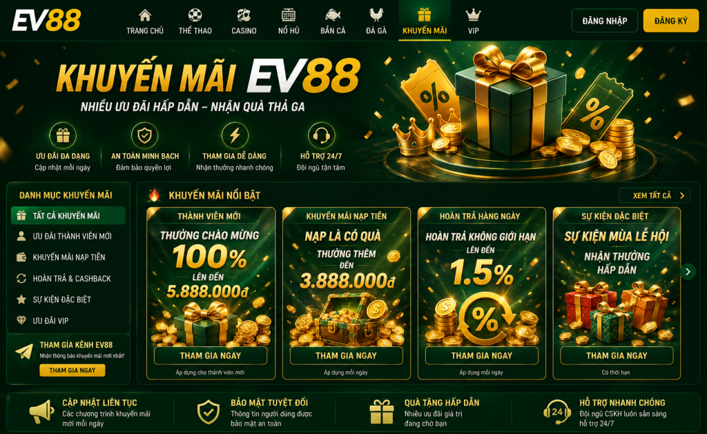 Giao diện chuyên mục Khuyến Mãi EV88