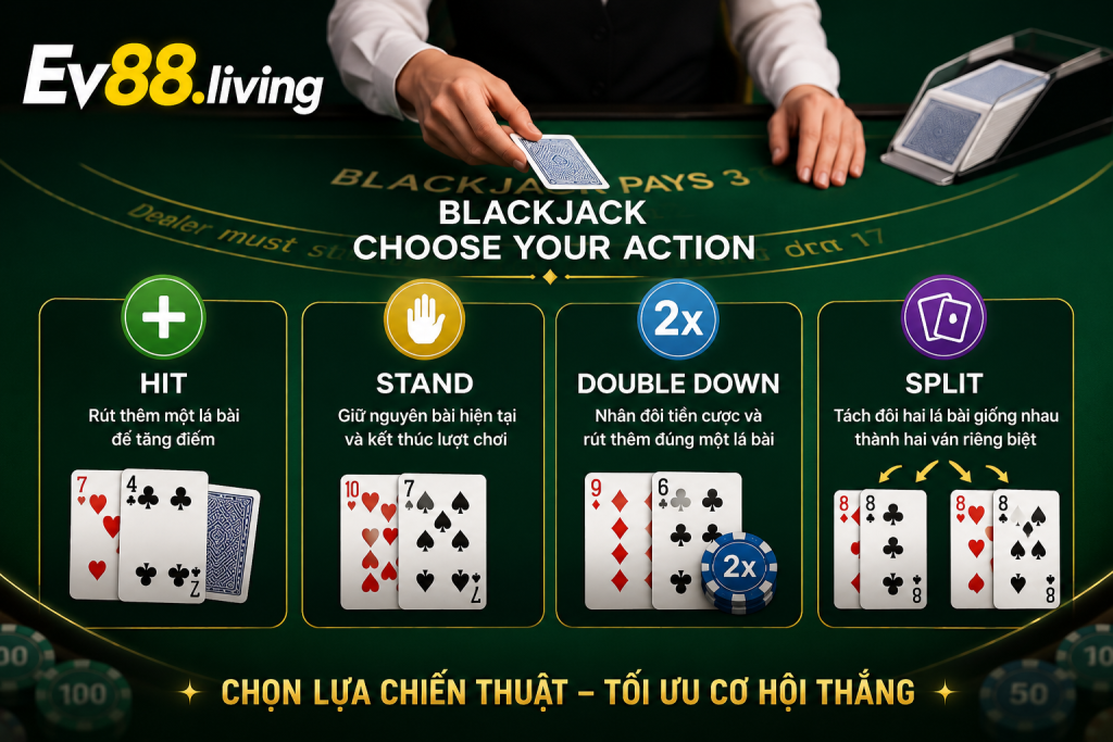 Các lựa chọn Hit Stand Double Down và Split trong Blackjack