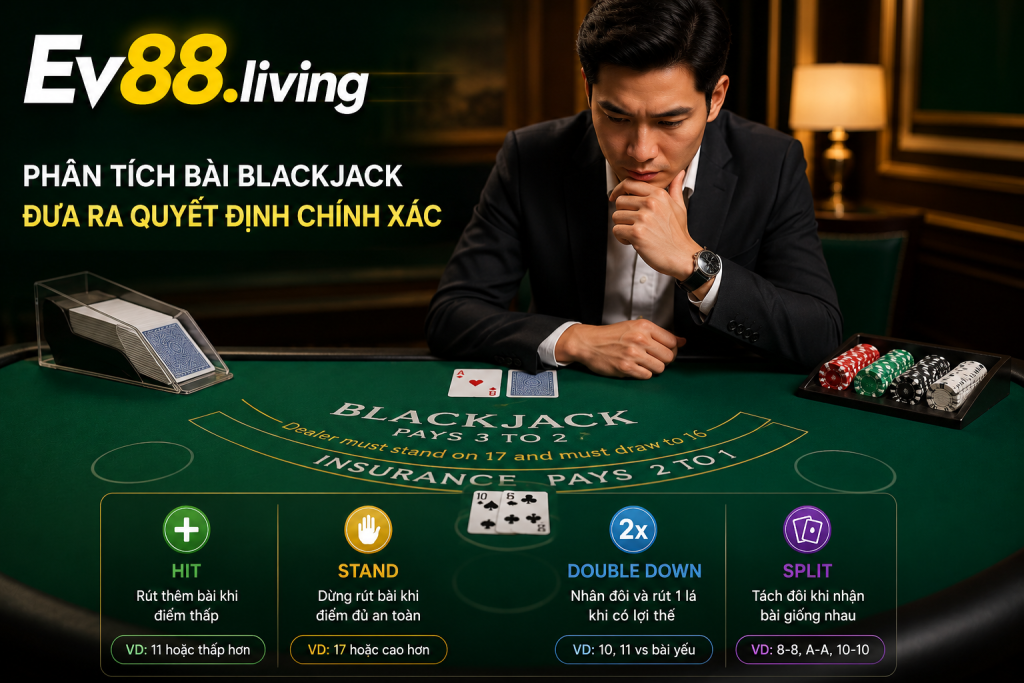 Người chơi phân tích bài Blackjack trước khi đưa ra quyết định