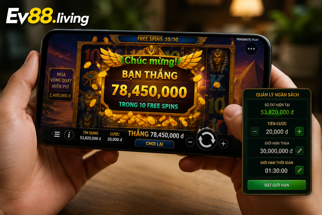 Người chơi theo dõi kết quả Buy Feature và quản lý ngân sách chơi nổ hũ trên điện thoại tại EV88.