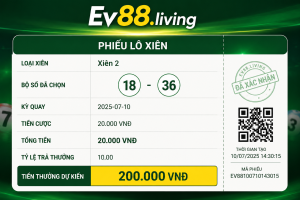 Phiếu Lô Xiên hiển thị các con số được chọn và tiền cược tại EV88