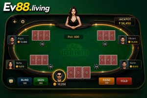 Giao diện bàn chơi Teen Patti trực tuyến với ba lá bài úp và chip cược tại EV88